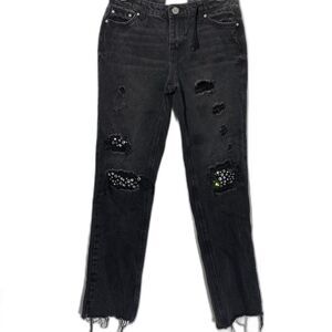 BAN JARA Jeans Rhinestone Embellished Distressed Y2K Streetwear Women 3 25 Black